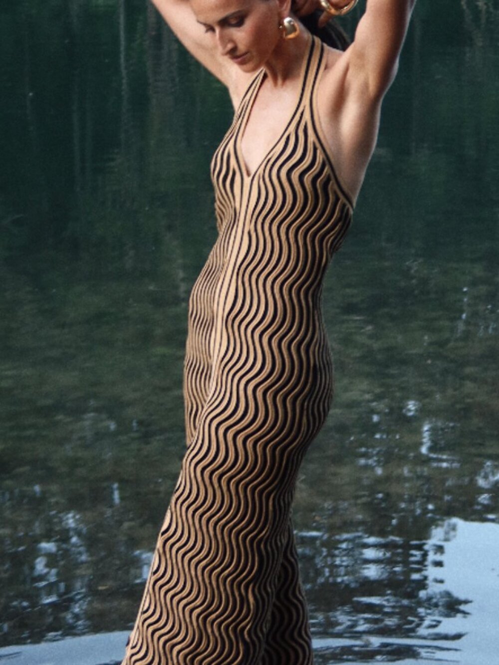 Sheike The Wavy Knit Midi Dress US 8/10 Tan Black Wave